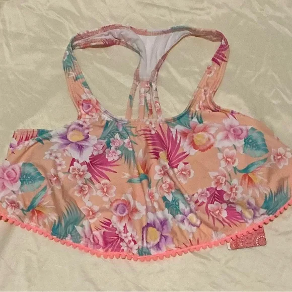Hobie Girls Floral Peach Racer Back Two-Piece Swimsuit Set - Picture 2 of 5